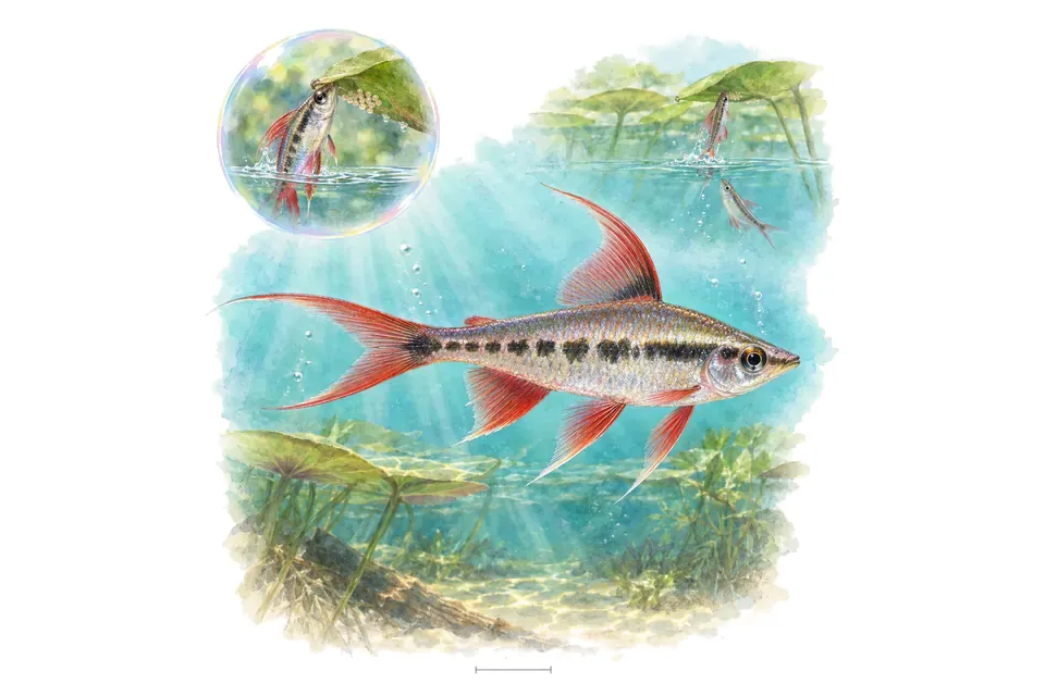 Aquarelle : Poisson éclabousseur (Copella arnoldi) dans une eau turquoise lumineuse, avec une vue de trois quarts et un détail dans une bulle.