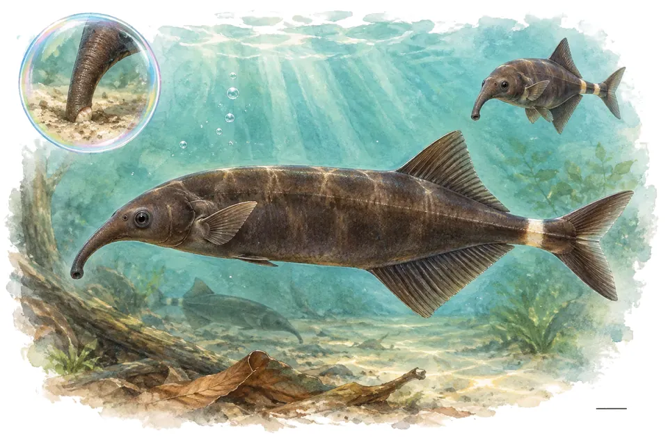Aquarelle : Poisson-éléphant (Gnathonemus petersii) dans une eau turquoise lumineuse, avec une vue de trois quarts et un détail dans une bulle.