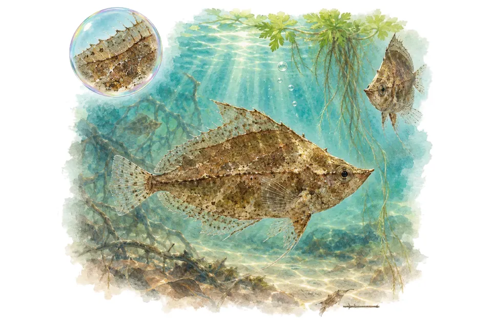 Aquarelle : Poisson-feuille africain (Polycentropsis abbreviata) dans une eau turquoise lumineuse, avec une vue de trois quarts et un détail dans une bulle.