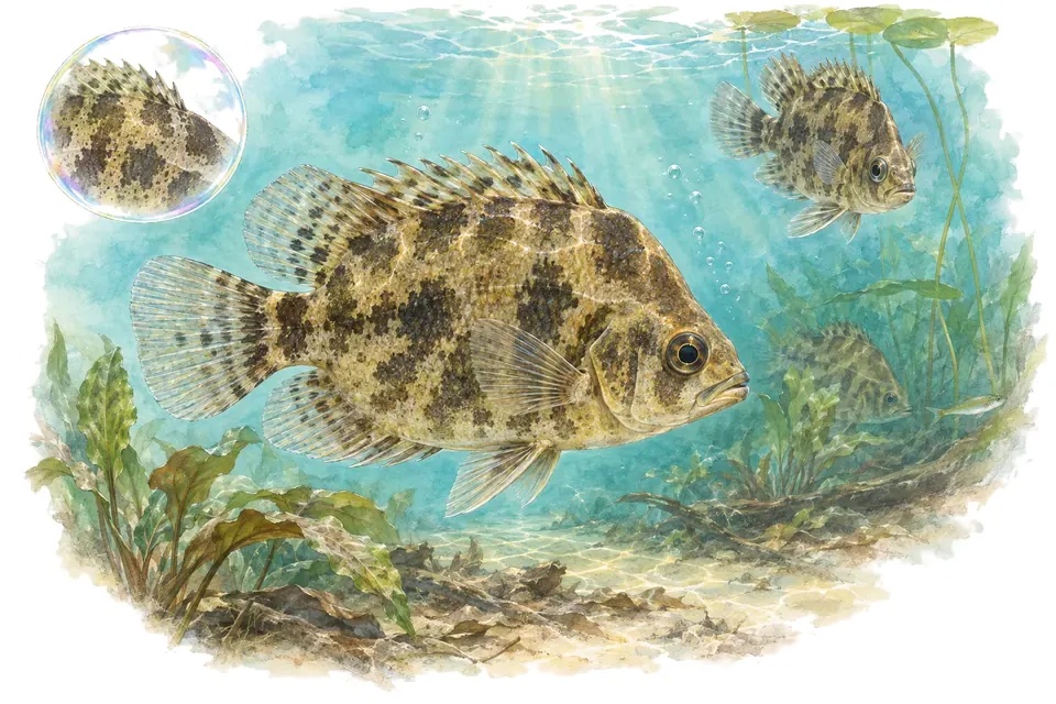 Aquarelle : Poisson-feuille indien (Nandus nandus) dans une eau turquoise lumineuse, avec une vue de trois quarts et un détail dans une bulle.