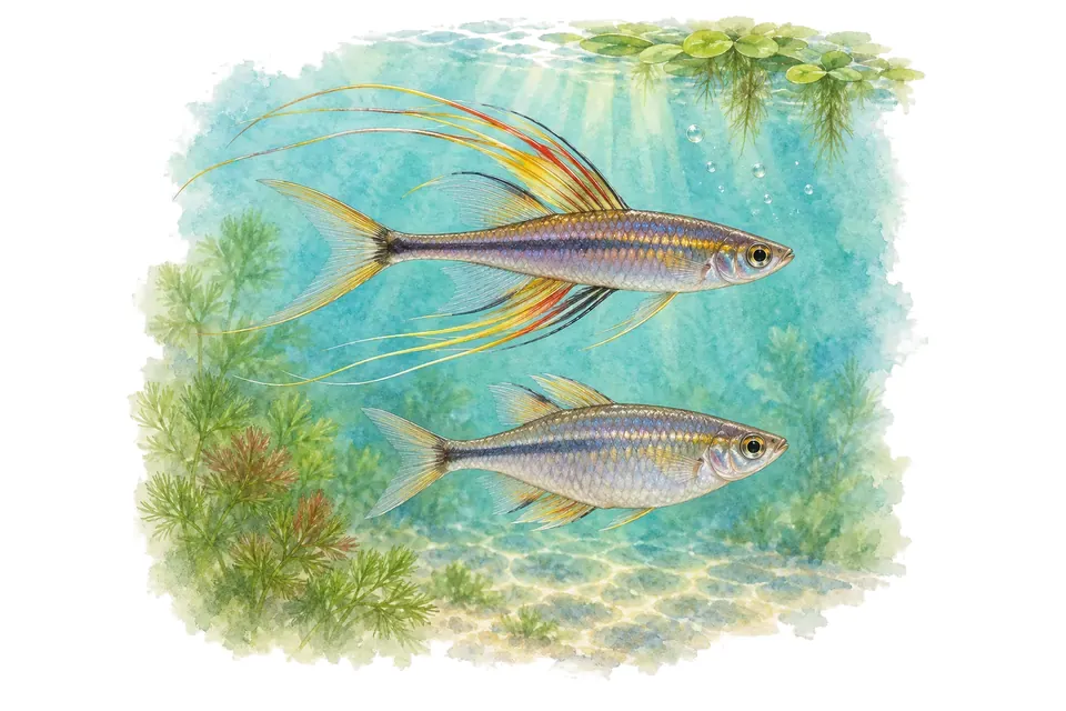 Aquarelle : Poisson-filament, mâle et femelle l'un au-dessus de l'autre dans une eau turquoise.
