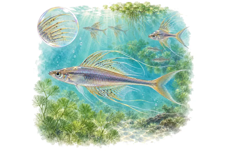 Aquarelle : Poisson-filament (Iriatherina werneri) dans une eau turquoise lumineuse, avec une vue de trois quarts et un détail dans une bulle.