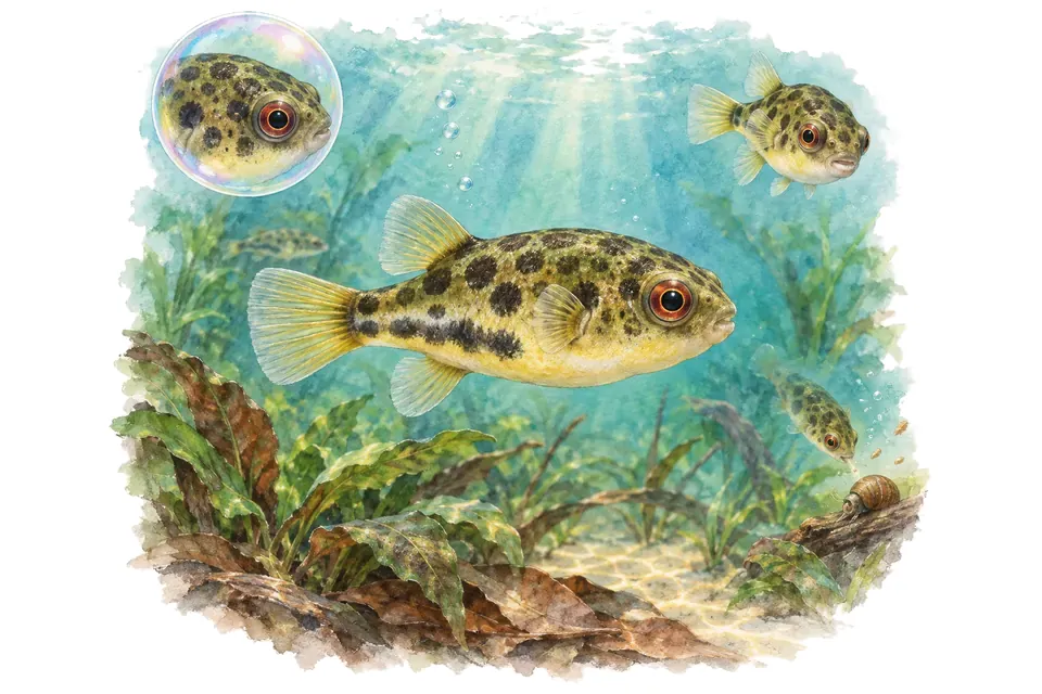 Aquarelle : Poisson-globe à ocelle (Carinotetraodon lorteti) dans une eau turquoise lumineuse, avec une vue de trois quarts et un détail dans une bulle.