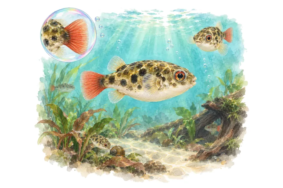 Aquarelle : Poisson-globe à queue rouge (Carinotetraodon irrubesco) dans une eau turquoise lumineuse, avec une vue de trois quarts et un détail dans une bulle.