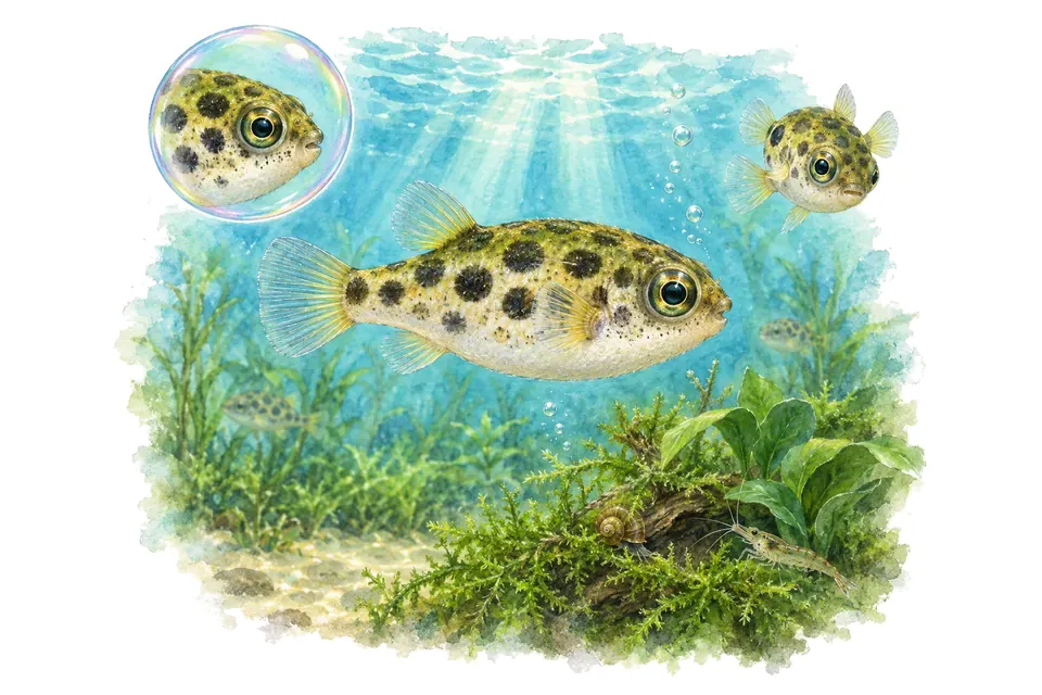 Aquarelle : Poisson-globe nain (Carinotetraodon travancoricus) dans une eau turquoise lumineuse, avec une vue de trois quarts et un détail dans une bulle.