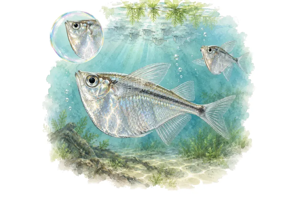 Aquarelle : Poisson-hachette argenté (Gasteropelecus sternicla) dans une eau turquoise lumineuse, avec une vue de trois quarts et un détail dans une bulle.