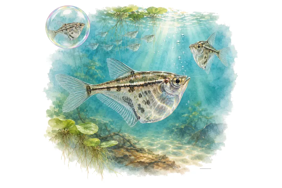 Aquarelle : Poisson-hachette de Martha (Carnegiella marthae) dans une eau turquoise lumineuse, avec une vue de trois quarts et un détail dans une bulle.