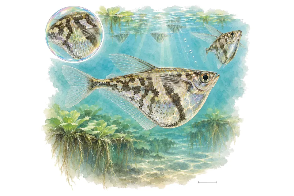 Aquarelle : Poisson-hachette marbré (Carnegiella strigata) dans une eau turquoise lumineuse, avec une vue de trois quarts et un détail dans une bulle.