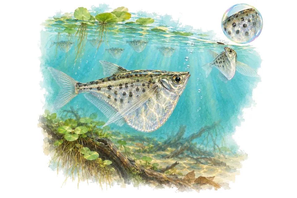 Aquarelle : Poisson-hachette tacheté (Thoracocharax stellatus) dans une eau turquoise lumineuse, avec une vue de trois quarts et un détail dans une bulle.