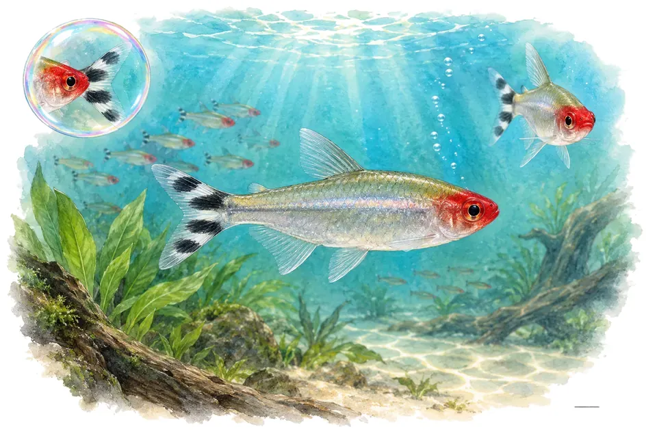 Aquarelle : Poisson nez-rouge de Bleher (Petitella bleheri) dans une eau turquoise lumineuse, avec une vue de trois quarts et un détail dans une bulle.