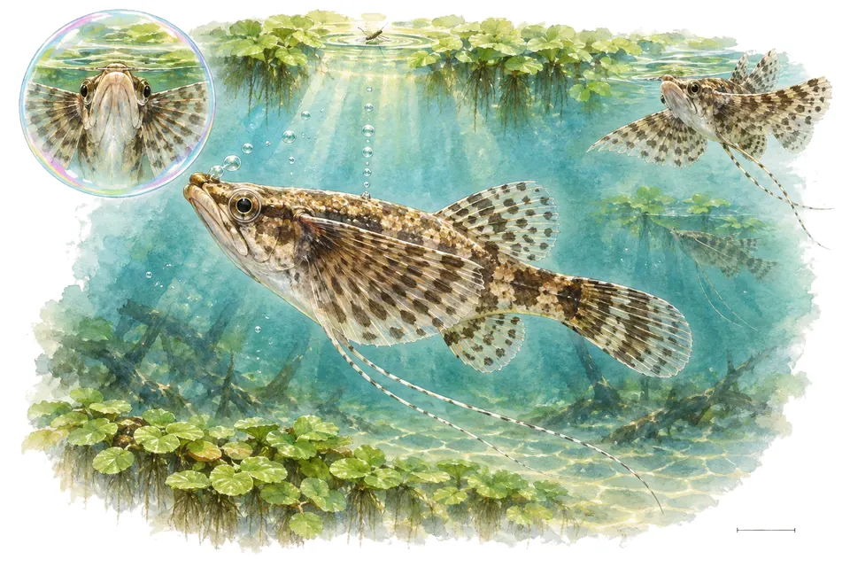 Aquarelle : Poisson-papillon africain (Pantodon buchholzi) dans une eau turquoise lumineuse, avec une vue de trois quarts et un détail dans une bulle.