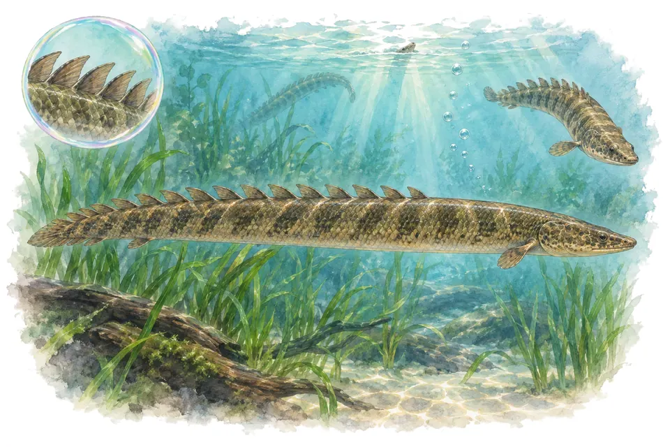 Aquarelle : Poisson-roseau (Erpetoichthys calabaricus) dans une eau turquoise lumineuse, avec une vue de trois quarts et un détail dans une bulle.