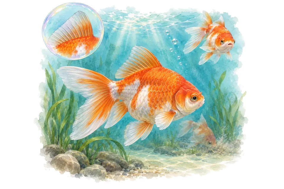 Aquarelle : Poisson rouge (Carassius auratus) dans une eau turquoise lumineuse, avec une vue de trois quarts et un détail dans une bulle.