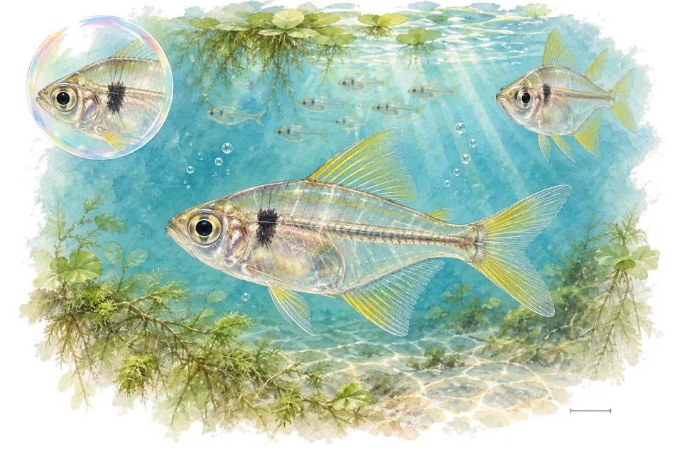 Aquarelle : Poisson-verre de Malaisie (Parambassis lala) dans une eau turquoise lumineuse, avec une vue de trois quarts et un détail dans une bulle.