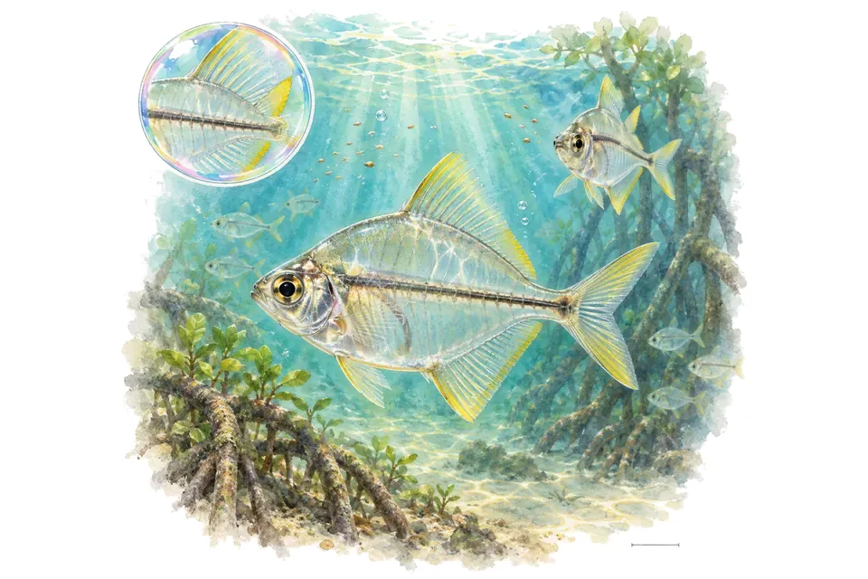 Aquarelle : Poisson-verre du Gange (Chanda nama) dans une eau turquoise lumineuse, avec une vue de trois quarts et un détail dans une bulle.