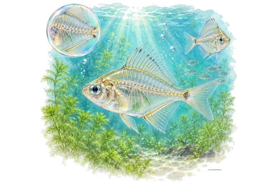Aquarelle : Poisson-verre indien (Parambassis ranga) dans une eau turquoise lumineuse, avec une vue de trois quarts et un détail dans une bulle.