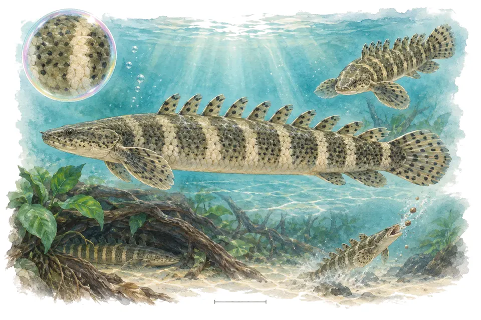 Aquarelle : Bichir de Delhez (Polypterus delhezi) dans une eau turquoise lumineuse, avec une vue de trois quarts et un détail dans une bulle.