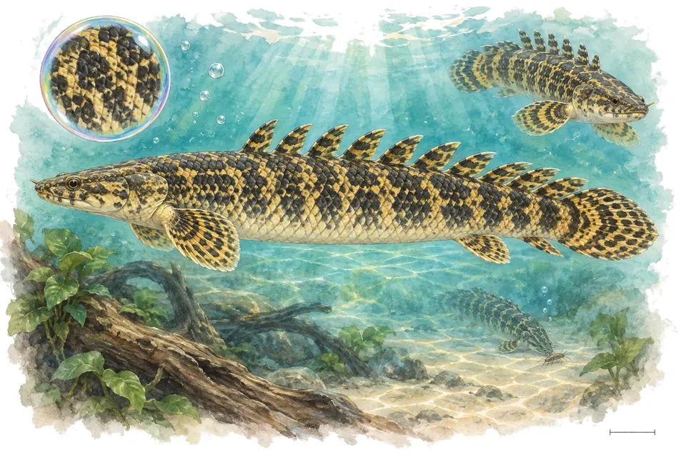 Aquarelle : Bichir orné (Polypterus ornatipinnis) dans une eau turquoise lumineuse, avec une vue de trois quarts et un détail dans une bulle.