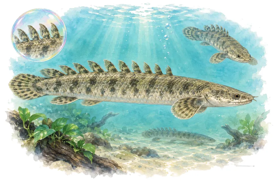 Aquarelle : Polypterus du Sénégal (Polypterus senegalus) dans une eau turquoise lumineuse, avec une vue de trois quarts et un détail dans une bulle.
