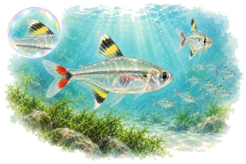 Aquarelle : Pristella (Pristella maxillaris) dans une eau turquoise lumineuse, avec une vue de trois quarts et un détail dans une bulle.