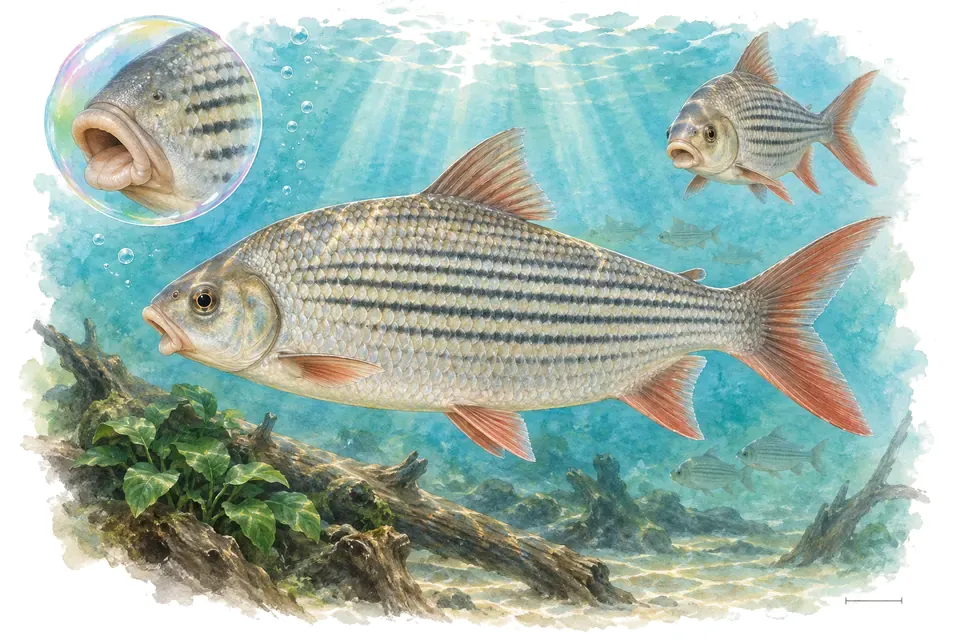 Aquarelle : Prochilode argenté (Prochilodus lineatus) dans une eau turquoise lumineuse, avec une vue de trois quarts et un détail dans une bulle.