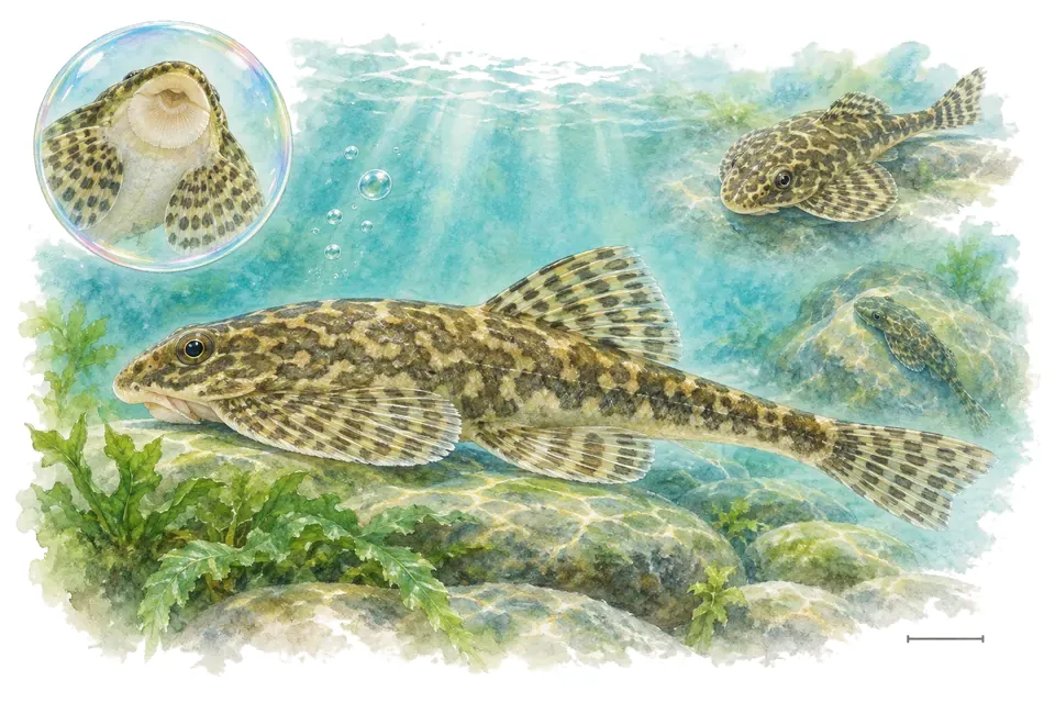 Aquarelle : Loche de torrent de Myers (Pseudogastromyzon myersi) dans une eau turquoise lumineuse, avec une vue de trois quarts et un détail dans une bulle.