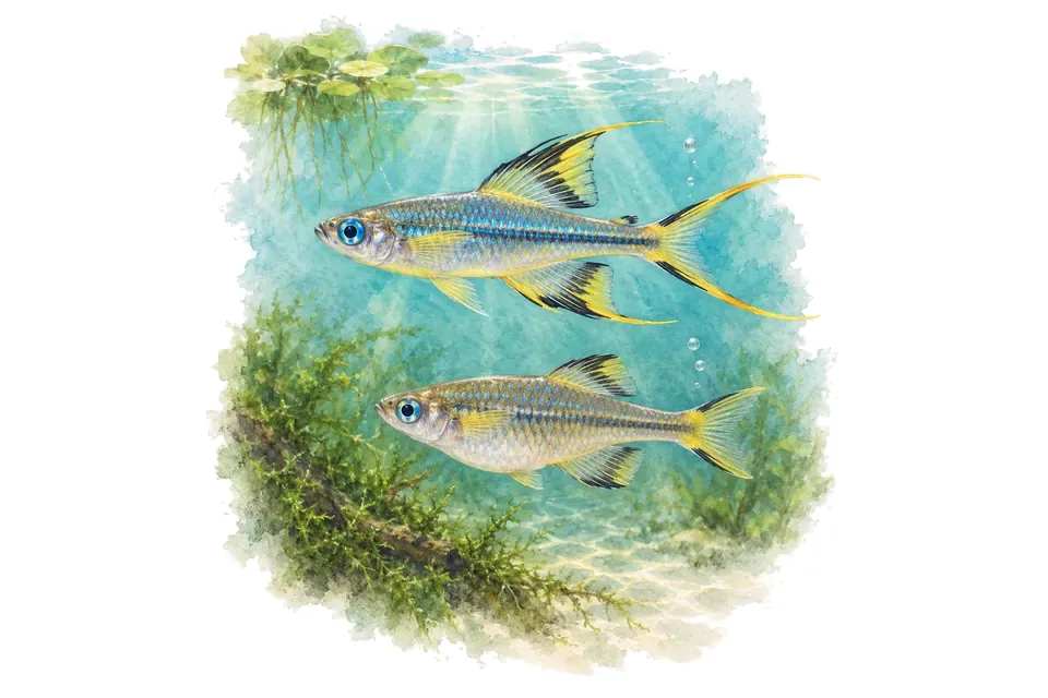 Aquarelle : Pseudomugil à fourche, mâle et femelle l'un au-dessus de l'autre dans une eau turquoise.
