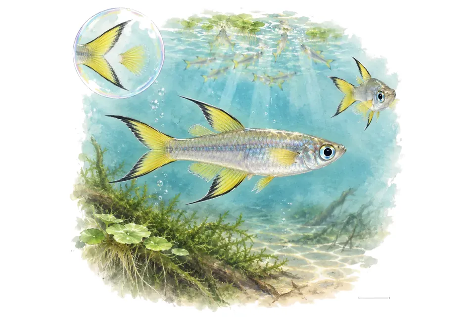 Aquarelle : Pseudomugil à fourche (Pseudomugil furcatus) dans une eau turquoise lumineuse, avec une vue de trois quarts et un détail dans une bulle.