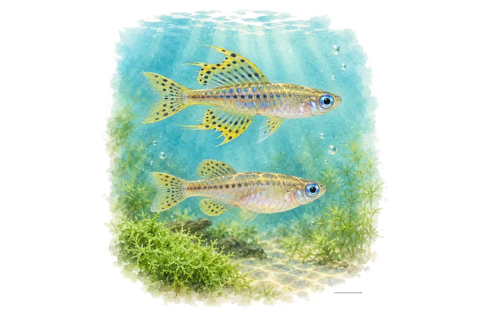 Aquarelle : Pseudomugil de Gertrude, mâle et femelle l'un au-dessus de l'autre dans une eau turquoise.