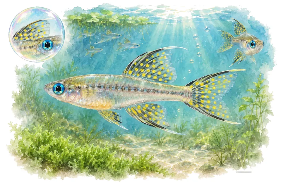 Aquarelle : Pseudomugil de Gertrude (Pseudomugil gertrudae) dans une eau turquoise lumineuse, avec une vue de trois quarts et un détail dans une bulle.