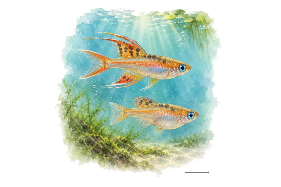 Aquarelle : Pseudomugil lumineux, mâle et femelle l'un au-dessus de l'autre dans une eau turquoise.