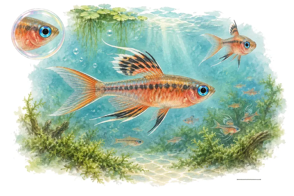 Aquarelle : Pseudomugil lumineux (Pseudomugil luminatus) dans une eau turquoise lumineuse, avec une vue de trois quarts et un détail dans une bulle.