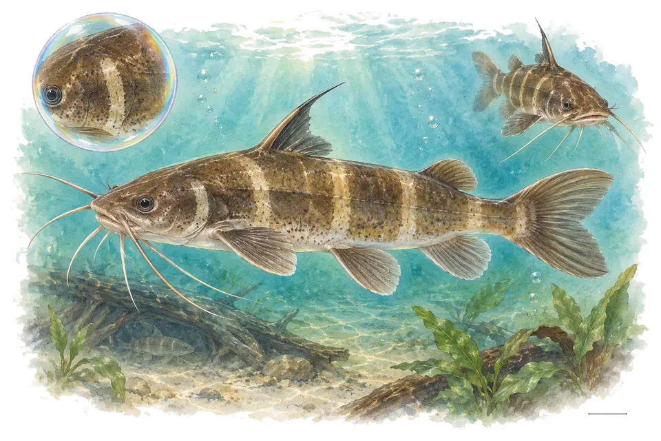 Aquarelle : Poisson-chat bourdon asiatique (Pseudomystus siamensis) dans une eau turquoise lumineuse, avec une vue de trois quarts et un détail dans une bulle.