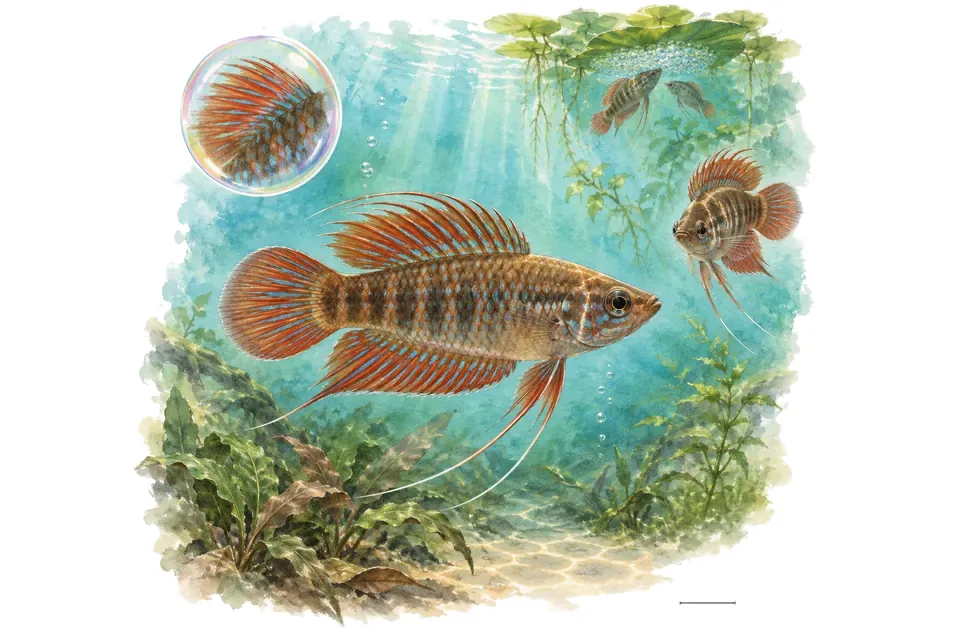 Aquarelle : Pseudosphromène de Day (Pseudosphromenus dayi) dans une eau turquoise lumineuse, avec une vue de trois quarts et un détail dans une bulle.