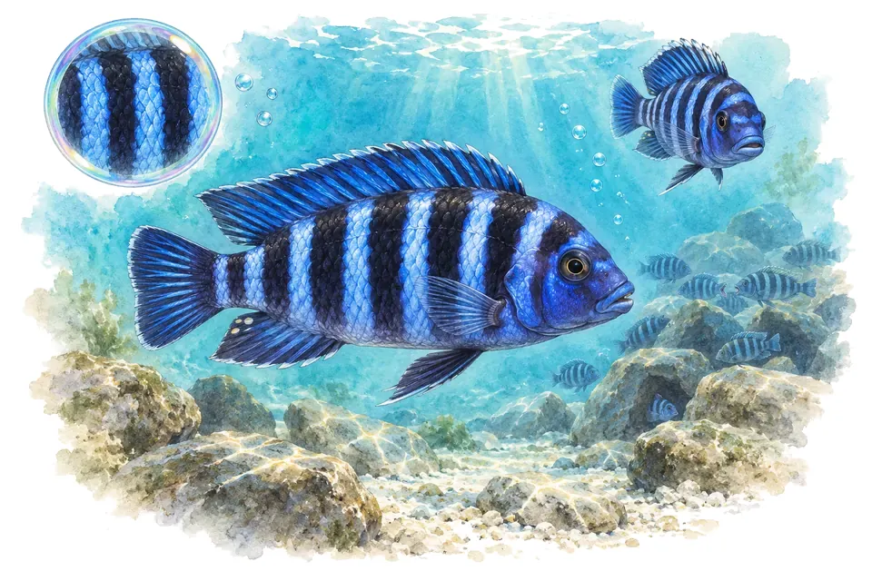 Aquarelle : Demasoni (Chindongo demasoni) dans une eau turquoise lumineuse, avec une vue de trois quarts et un détail dans une bulle.