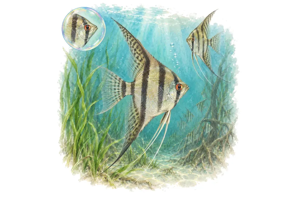 Aquarelle : Scalaire de leopold (Pterophyllum leopoldi) dans une eau turquoise lumineuse, avec une vue de trois quarts et un détail dans une bulle.