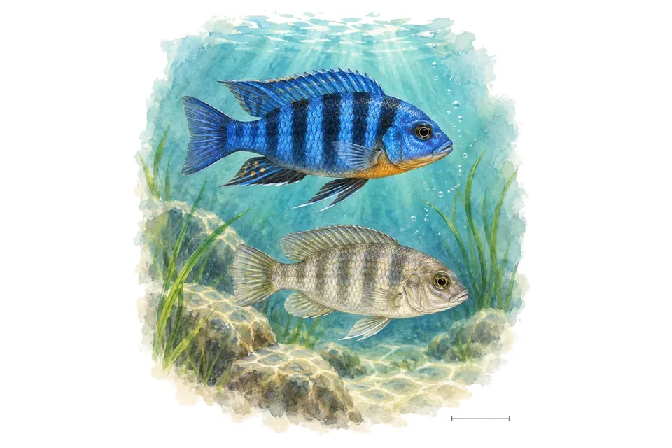 Aquarelle : Pundamilia bleu du lac Victoria, mâle et femelle l'un au-dessus de l'autre dans une eau turquoise.