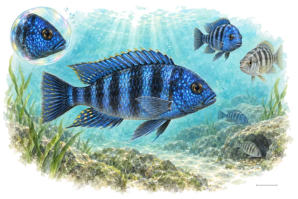 Aquarelle : Pundamilia bleu du lac Victoria (Pundamilia azurea) dans une eau turquoise lumineuse, avec une vue de trois quarts et un détail dans une bulle.