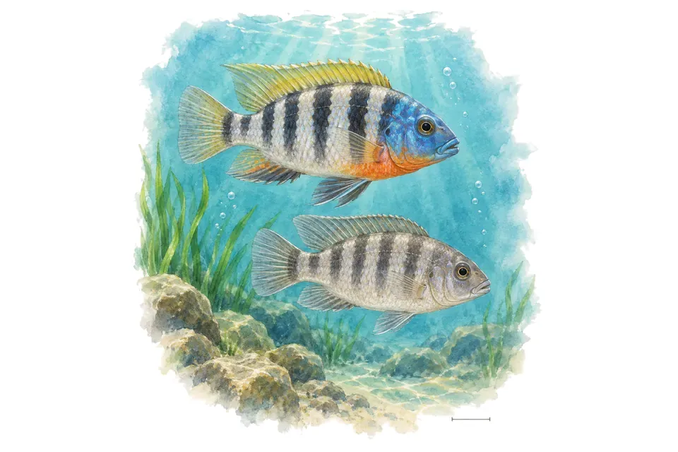 Aquarelle : Pundamilia du golfe de Mwanza, mâle et femelle l'un au-dessus de l'autre dans une eau turquoise.