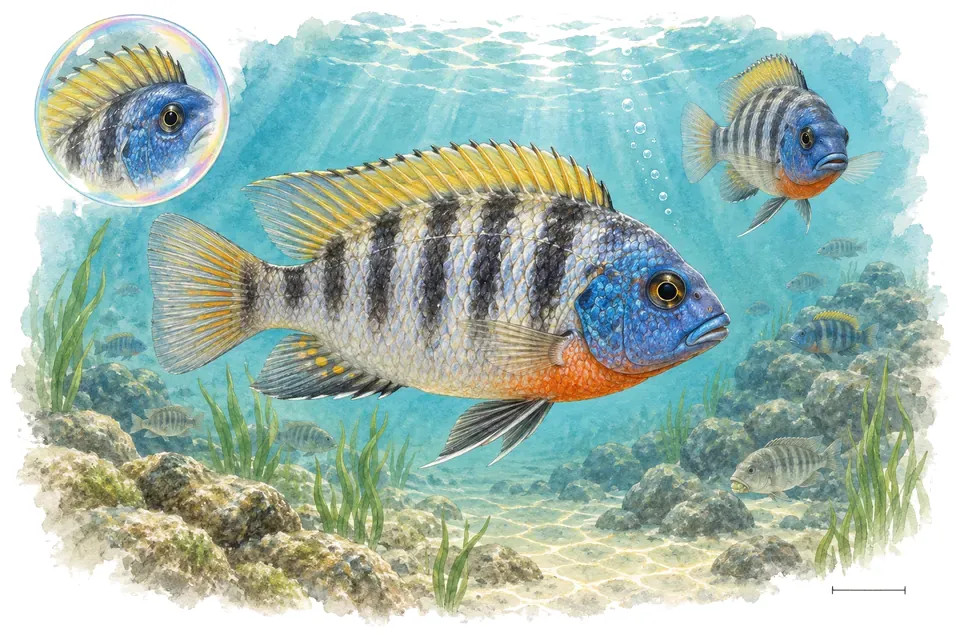 Aquarelle : Pundamilia du golfe de Mwanza (Pundamilia pundamilia) dans une eau turquoise lumineuse, avec une vue de trois quarts et un détail dans une bulle.