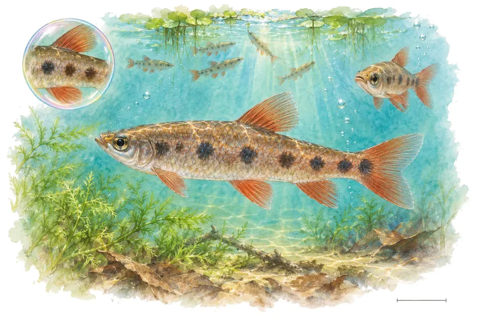 Aquarelle : Pyrrhulina à taches (Pyrrhulina rachoviana) dans une eau turquoise lumineuse, avec une vue de trois quarts et un détail dans une bulle.