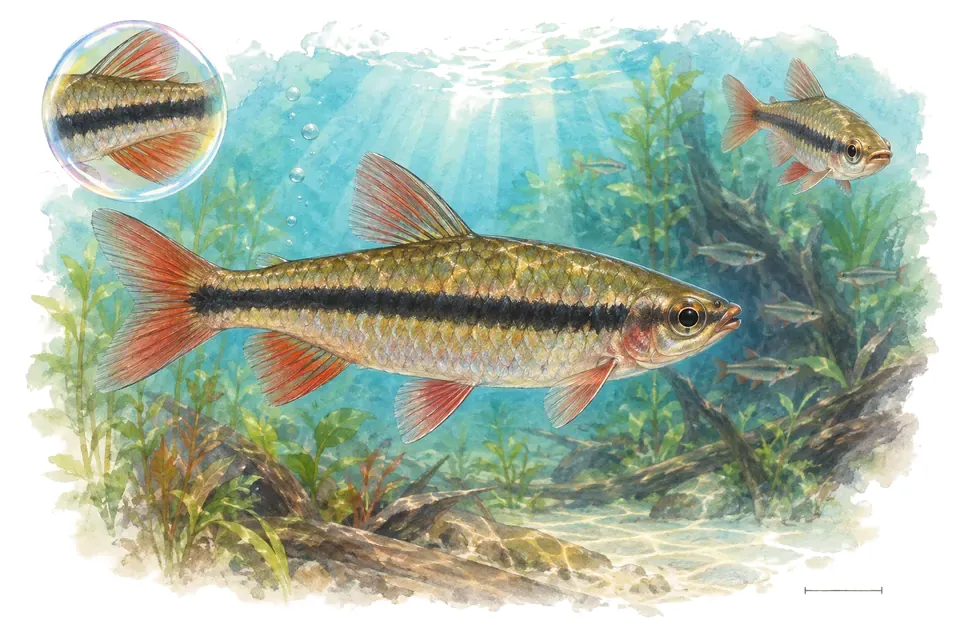 Aquarelle : Pyrrhulina naine (Pyrrhulina brevis) dans une eau turquoise lumineuse, avec une vue de trois quarts et un détail dans une bulle.