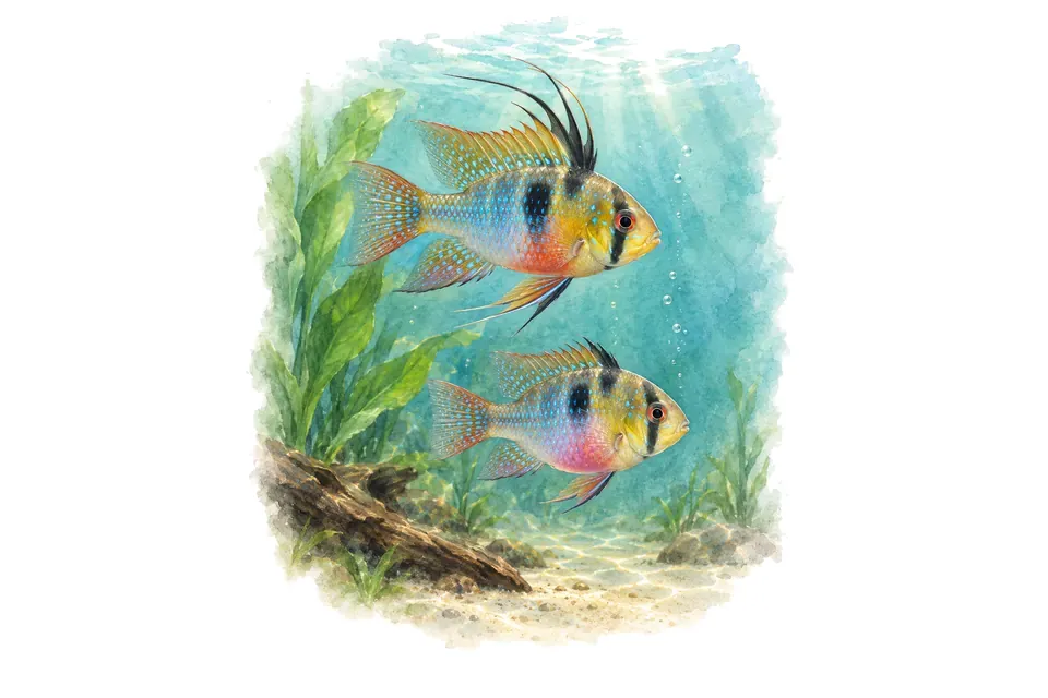 Aquarelle : Ramirezi, mâle et femelle l'un au-dessus de l'autre dans une eau turquoise.