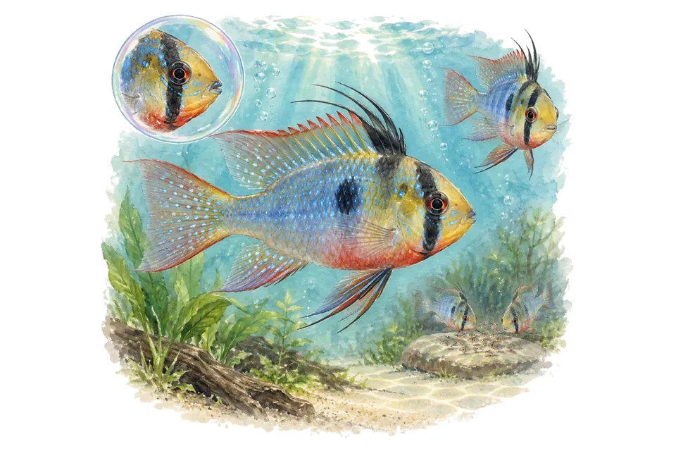 Aquarelle : Ramirezi (Mikrogeophagus ramirezi) dans une eau turquoise lumineuse, avec une vue de trois quarts et un détail dans une bulle.