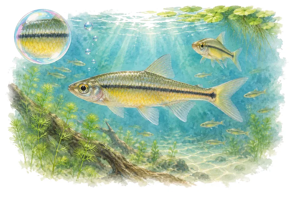 Aquarelle : Rasbora à flancs jaunes (Rasbora pauciperforata) dans une eau turquoise lumineuse, avec une vue de trois quarts et un détail dans une bulle.