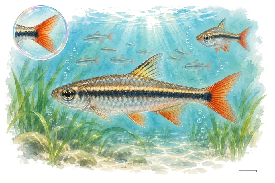 Aquarelle : Rasbora à nageoires rouges (Rasbora borapetensis) dans une eau turquoise lumineuse, avec une vue de trois quarts et un détail dans une bulle.