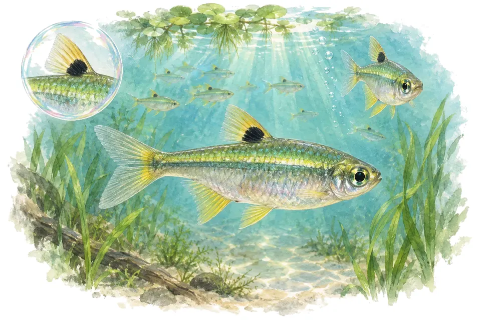 Aquarelle : Rasbora à œil-de-queue (Brevibora dorsiocellata) dans une eau turquoise lumineuse, avec une vue de trois quarts et un détail dans une bulle.