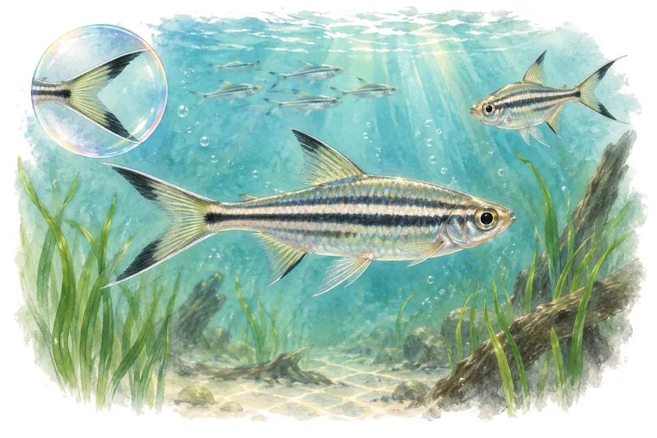 Aquarelle : Rasbora à queue-de-ciseaux (Rasbora trilineata) dans une eau turquoise lumineuse, avec une vue de trois quarts et un détail dans une bulle.