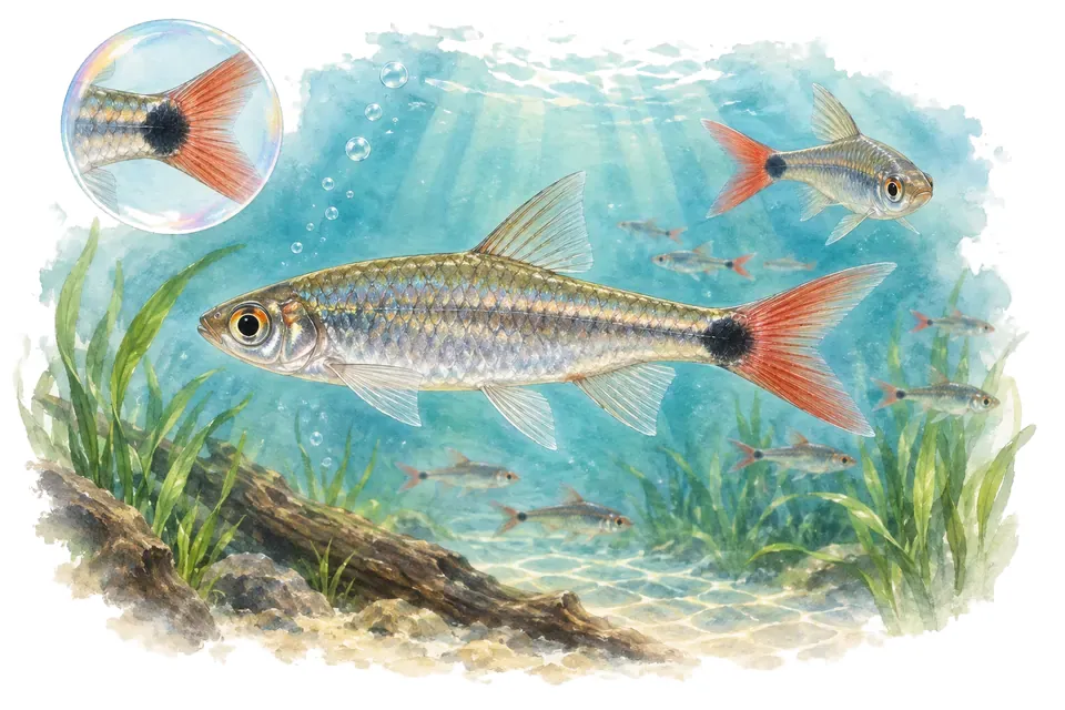 Aquarelle : Rasbora à queue rouge (Rasbora caudimaculata) dans une eau turquoise lumineuse, avec une vue de trois quarts et un détail dans une bulle.