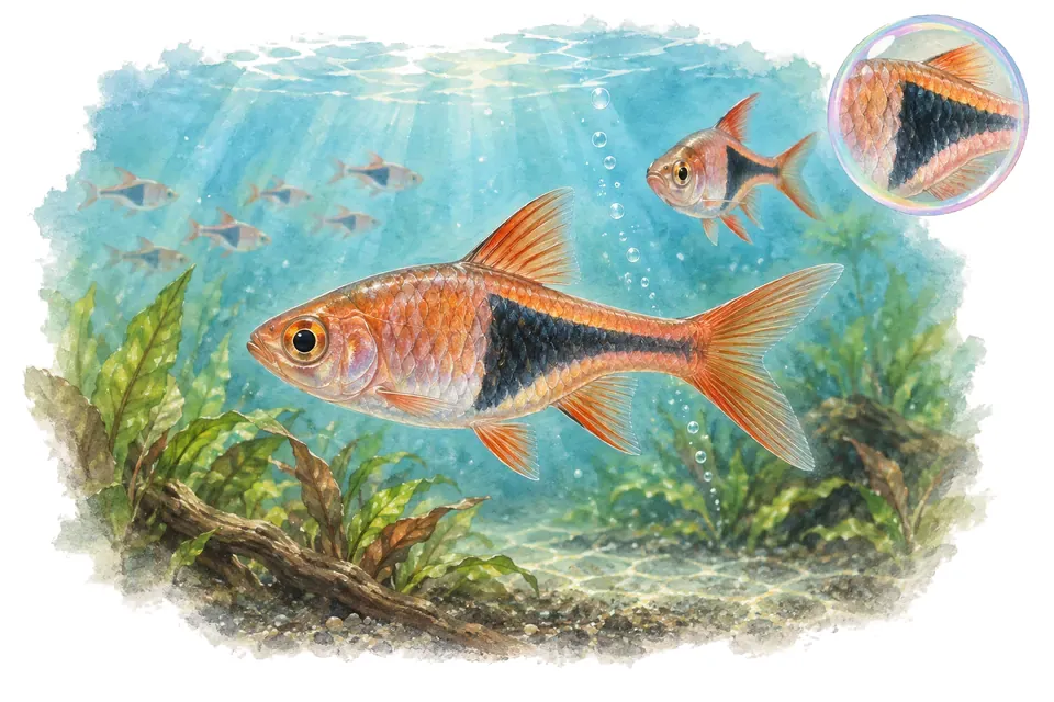 Aquarelle : Rasbora arlequin (Trigonostigma heteromorpha) dans une eau turquoise lumineuse, avec une vue de trois quarts et un détail dans une bulle.
